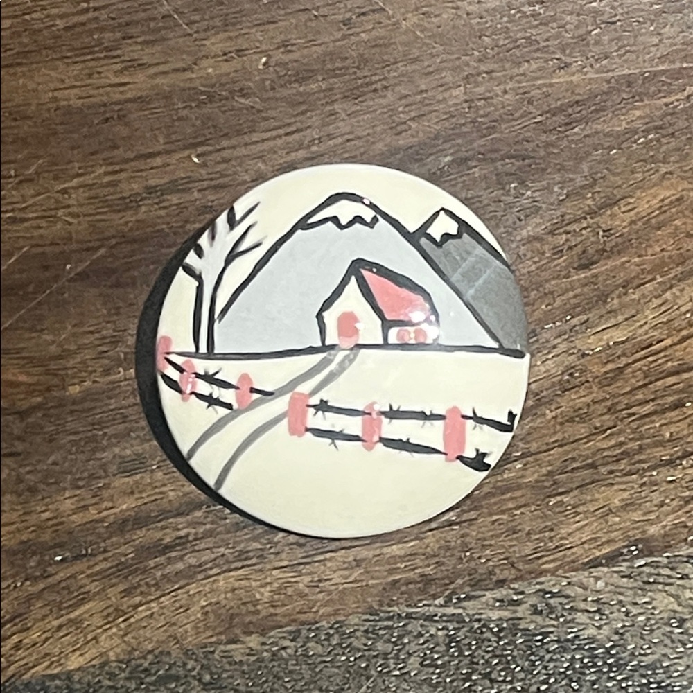 Ceramic Handpainted Brooch Vintage Winter Scenery